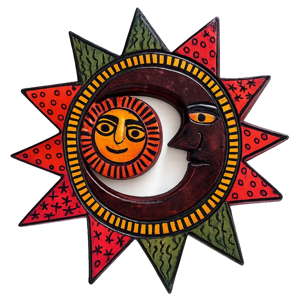 Hand Carved Celestial Sun Moon Wall Hanging Mexican Wood Folk Art Southwest Boho